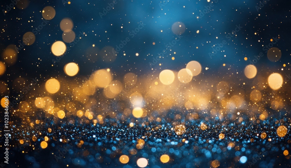 Poster abstract background with golden bokeh lights on a blue backdrop, with a glitter and sparkle effect s