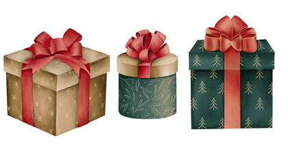  Set of 3 watercolor gift boxes. Textured watercolor drawing on white background. Christmas. Isolated clip art for Christmas cards.