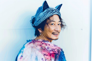 portrait of happy cute young Asian man wearing a cat ear hat, white background