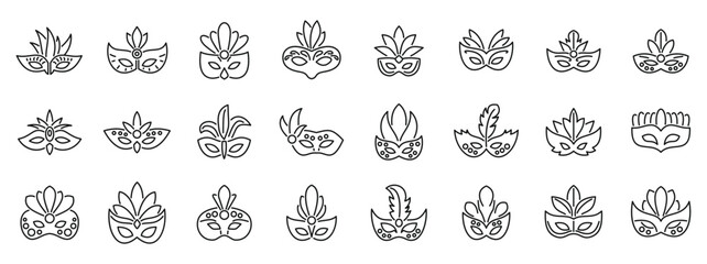 Face mask feathers icons set. Large set of carnival masks featuring various designs with feathers and decorations, perfect for representing masquerade balls and festive events