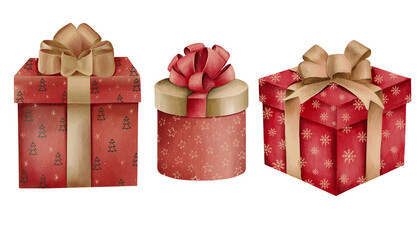 Set of 3 red watercolor gift boxes. Textured watercolor drawing on a white background. Christmas. Isolated clip art for Christmas parties and cards.