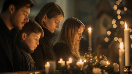 Family in prayer by candlelight at evening service