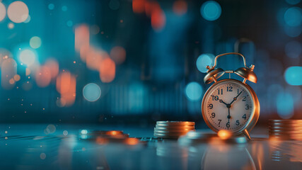 Time and money concept with alarm clock and coins in blurred background