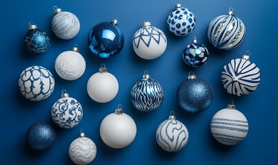 A blue background with white and blue Christmas ornaments