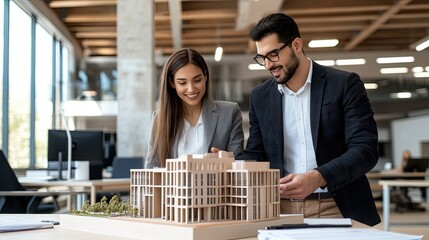 An architect and his client engage in a detailed discussion about a residential building model, focusing on sustainable features like green roofs and spacious windows