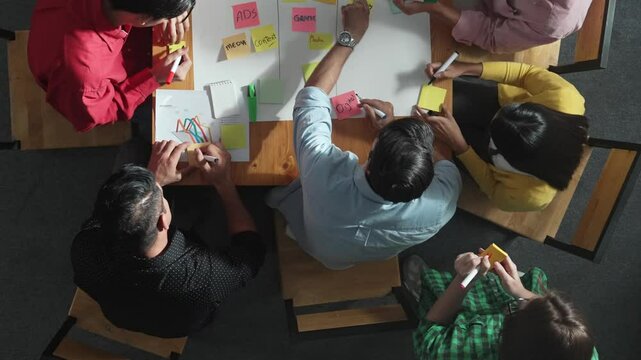 Top view of people writing and making scrum task board while writing marketing and planning strategy at colorful sticky notes. Smart team manage work performance by using kanaban board. Convocation.