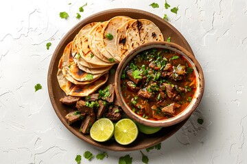 Authentic Mexican birria tacos with consommé, grilled tortillas, and fresh lime. Overhead view of a traditional Mexican dish for restaurant menus, food blogs, and taco promotions.