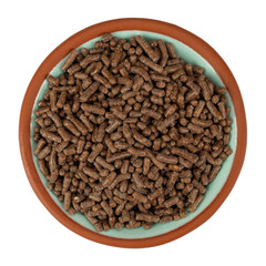 Overhead view of chocolate sprinkles in a small bowl on a white background.