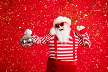 Photo of retired grandpa grey beard hold retro disco ball dance celebration wear santa x-mas...