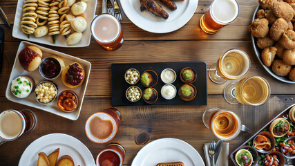 Variety of appetizers and drinks on wooden table  top view stock image