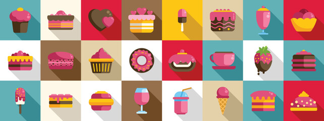 Confectionery valentine menu icons set. Indulge in a delightful assortment of sweet treats and desserts, perfect for satisfying your cravings