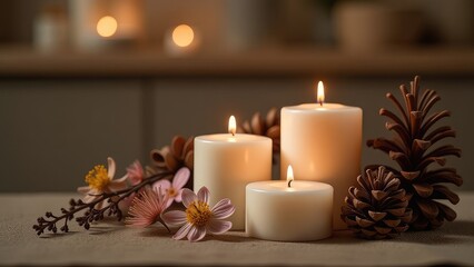 Burning scented candles, festive New Year's atmosphere in the spa. Warm aesthetic composition with candles and dried flowers.