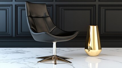 This interior showcases stylish black walls adorned with classical decoration, featuring a cozy leather armchair and a tasteful vase of flowers enhancing the ambiance