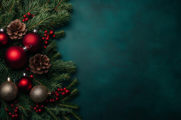 Festive Christmas wreath with red baubles, pine cones, and berries on dark green background. Elegant holiday decoration perfect for winter celebrations.