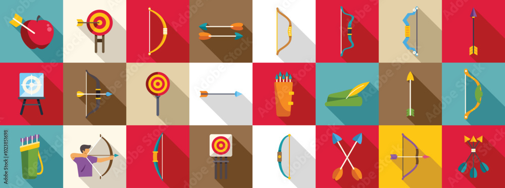 Poster archery shoot weapon icons set. archer aiming with bow and arrow at target with apple icon set in fl