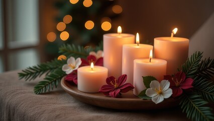 Burning scented candles, festive New Year's atmosphere in the spa. Warm aesthetic composition with candles, flowers and fir branches.