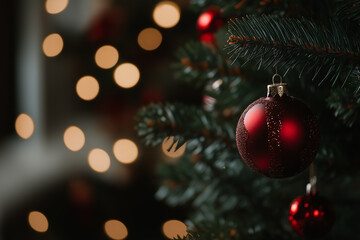 Close-up of red Christmas baubles on tree with golden bokeh lights in the background. Elegant holiday scene perfect for festive winter celebrations.
