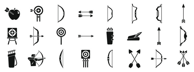 Archery shoot weapon icons set. Archer shooting with bow aiming at target icon set in glyph style