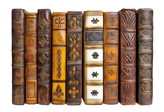 Row of vintage embossed leather books standing upright, isolated on transparent cutout background