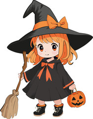 little girl, red hair, dressed for halloween in black and orange with black hat and broom