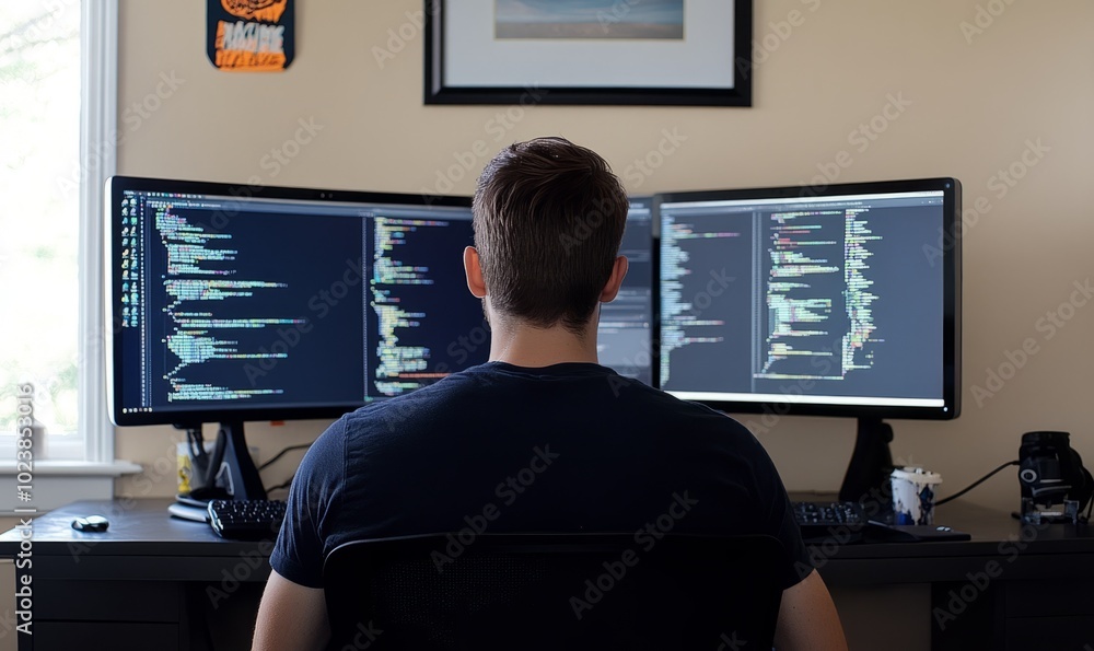 Poster a man is sitting in front of two computer monitors