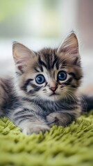 Fototapeta premium A cute kitten with gray and white stripes, large blue eyes, short ears, and a pink nose is lying on the green carpet