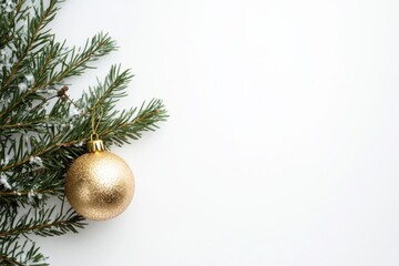 Gold ornament on pine branch for Christmas