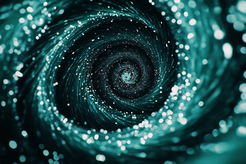 Abstract teal swirling vortex of lights and sparkles on dark background. Perfect for magical and mysterious Christmas or holiday celebration scenes.