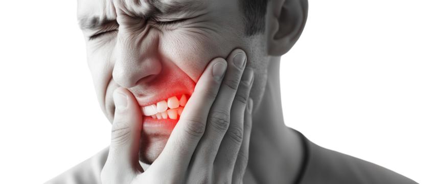 Man suffering from toothache, isolated on transparent cutout background