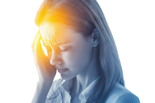 Young woman with migraine holding her forehead, isolated on transparent cutout background - Powered by Adobe