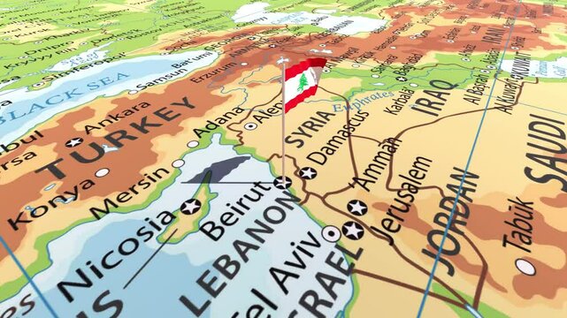 Lebanon flag waving on the map