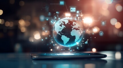 Digital globe above smartphone with holograms