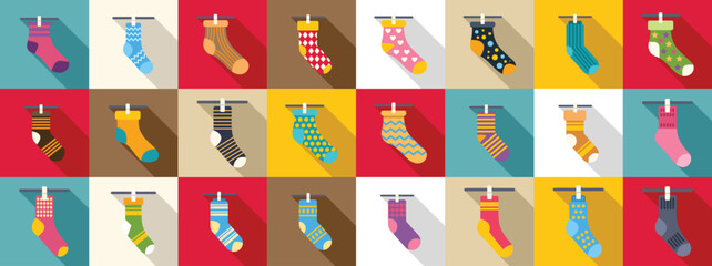 Clothesline sock icons set. Different colorful socks with various ornaments hanging on clothesline forming seamless pattern