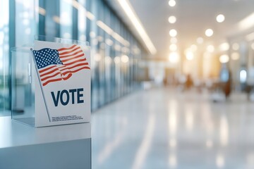 Voting booth with American flag in hallway background. 2024 Presidential elections. Vote day, November 5. US Election campaign. USA, United States of America. Democratic process.