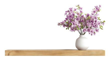 Decorative pink flowers in a white vase with copy space, isolated on transparent cutout background