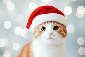 Adorable ginger cat wearing a Santa hat with glowing Christmas lights background. Perfect for...