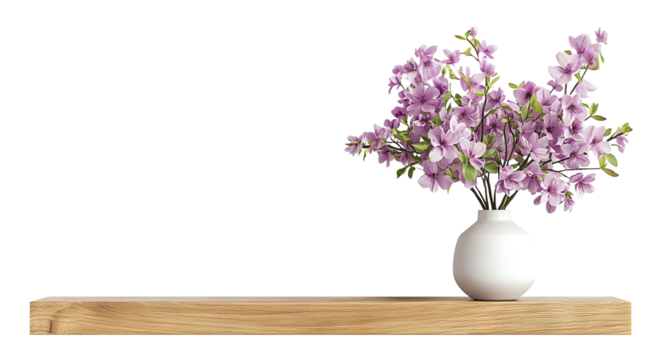 Decorative pink flowers in a white vase with copy space, isolated on transparent cutout background