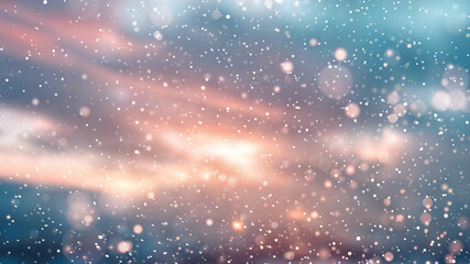 Abstract winter snowfall against colorful sunset sky