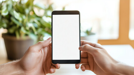 Hands holding a smartphone with a blank white screen mockup, perfect for displaying your app, website, or mobile advertisement design. The background features a warm, indoor settin