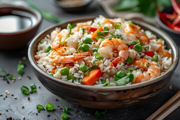 Shrimp fried rice with peas and carrots in a bowl. Top view of a classic Asian dish for restaurant menus, food blogs, and Asian cuisine promotions.
