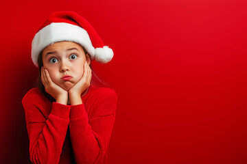 Surprised little girl wearing Santa hat against red background. Perfect for festive Christmas...