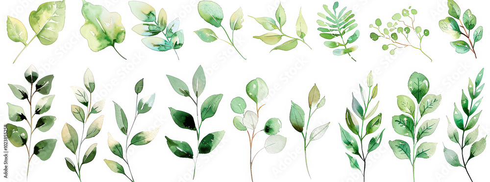 Aufkleber collection of green leaves in various sizes and shapes. the leaves are arranged in a row, with some 