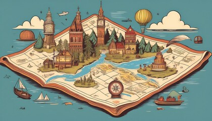 Fototapeta premium Vintage Travel Adventure Map: A hand-drawn vector illustration of a vintage-style travel map featuring landmarks, whimsical illustrations, and a unique color palette that invites exploration.