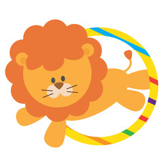 Retro circus lion jumping through a hoop vector cartoon illustration