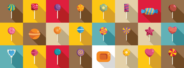 Lolipop icons set. This image is a collection of colorful lollipops with long shadows, representing various flavors and shapes, perfect for projects related to sweets, treats, and childhood memories