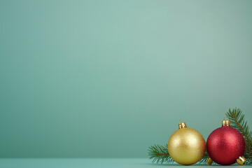 Red and gold Christmas ornaments with pine branches on teal background. Perfect for festive holiday decor, Christmas cards, or elegant seasonal decorations.