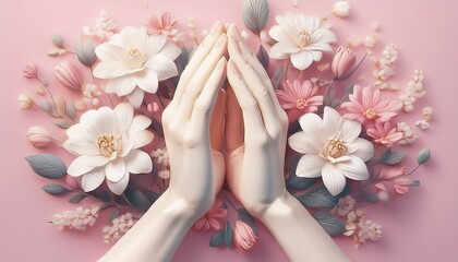 An Illustration of Two Hands Clasped in Prayer, Surrounded by Delicate Flowers on a Pastel Background