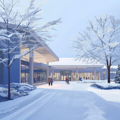 Fototapeta premium Snow-Covered Mall Entrance with Holiday Decorations and Glowing Lights