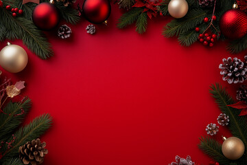 Red, gold, and bronze Christmas ornaments with pine branches against red background. Perfect for festive holiday decor, Christmas cards, or traditional seasonal decorations.