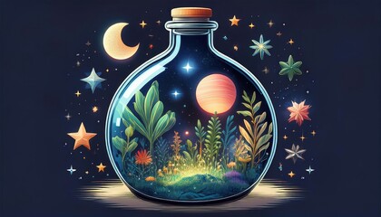 Celestial Garden in a Bottle: A unique vector design of a miniature garden contained within a glass bottle, featuring cosmic elements like stars and planets among the flora,aqua.